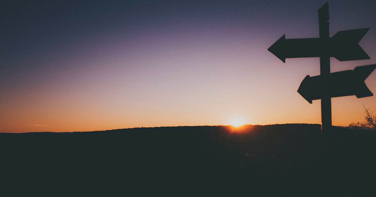 The sun rises on the horizon, while signposts are silhouetted in the foreground.